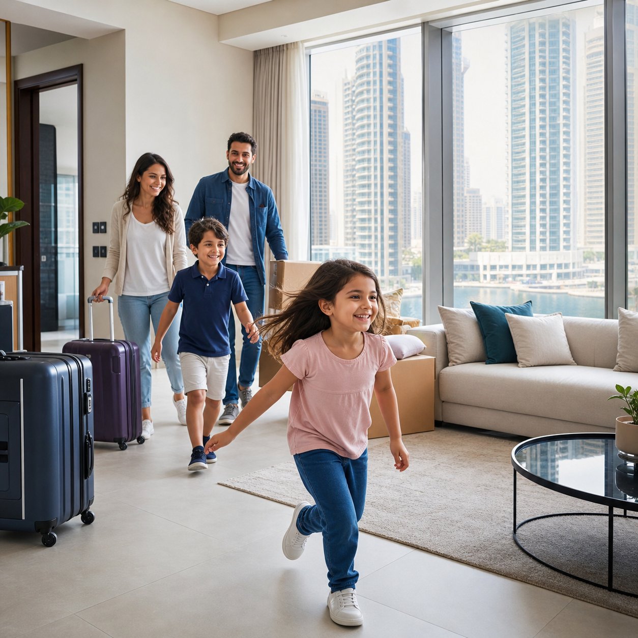 A family arriving at their HostBetter home with luggage